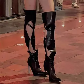 Обувь для женщин 2024 года, последняя модель, полые и дышащие женские высокие сапоги, сексуальные туфли-шпильки с острым носком для стриптиза Zapatos Mujer 35 чёрный