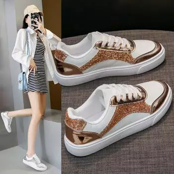 Обувь для женщин 2024 года, спортивная обувь из глянцевой кожи для бега, осенняя мода, блестящие дышащие повседневные кроссовки на шнуровке, Zapatos De Mujer 35 золотой