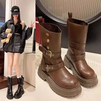 Обувь для женщин 2024 года, удобные и универсальные, стильные, повседневные, до середины икры, модные, с круглым носком, женские, на толстой подошве 35 чёрный