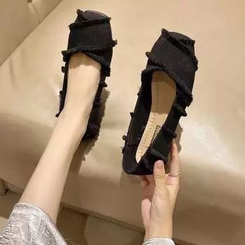 Обувь для женщин 2024 года, высококачественные женские туфли на плоской подошве с квадратным носком, повседневные туфли на плоской подошве, новые однотонные туфли на низком каблуке Zapatos 35 чёрный