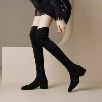 Обувь для женщин 2024 года, женские сапоги выше колена из искусственной замши, модные высокие сапоги с квадратным носком, стройнящие, Bota Camurca Cano Longo 35 хаки