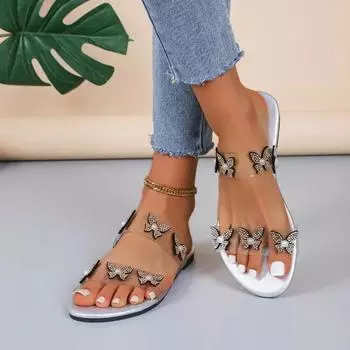 Обувь для женщин 2024 года, женские тапочки больших размеров, модные повседневные тапочки, женские сандалии на плоской подошве с кристаллами и бабочками из бисера 36 чёрный