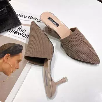 Обувь для женщин 2024 Весна/Лето Новые туфли на высоком каблуке Женская мода Baotou Тонкие каблуки Остроносые ленивые полускользящие сандалии 34 чёрный