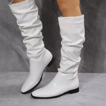 Обувь для женщин 2024 Весна Сапоги до колена Красные Черные Белые Высокие Сапоги Женские Плиссированные Низкие Каблуки Повседневные Кожаные Женские Длинные Туфли 41 белый