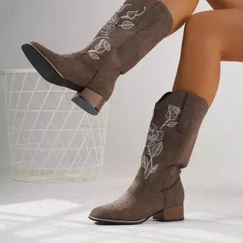 Обувь для женщин 2024 Высококачественные женские сапоги до середины икры Новые вышитые современные сапоги Женские сексуальные туфли на квадратном каблуке Femalezapatos 36 коричневый