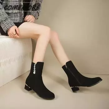 Обувь для женщин 2025 года, модные ботильоны, женские, роскошные, с металлическим украшением, с круглым носком, с боковой молнией, на толстом каблуке, женские повседневные туфли черного цвета 35 чёрный