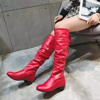 Обувь для женщин 2025 Весна Сапоги до колена Красные Черные Белые Высокие Сапоги Женские Плиссированные Низкие Каблуки Повседневные Кожаные Женские Длинные Туфли 35 чёрный