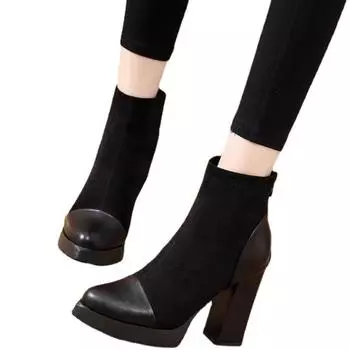 Обувь для женщин Ботильоны женские Ботинки на платформе Современные ботинки женские Флокированные Застежка-молния Острый нос Туфли на высоком толстом каблуке Женские 35 чёрный