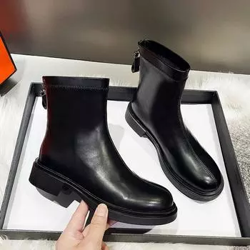 Обувь для женщин Ботинки Martin Boots Натуральная кожа Боковая молния на плоской подошве с круглым носком Шитье отвернутый край Повседневная женская обувь 34 чёрный