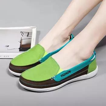 Обувь для женщин. Холщовая повседневная обувь. Прогулочная обувь на плоской подошве контрастного цвета. Мокасины. 35 зелёный