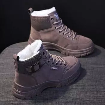 Обувь для женщин корейские эластичные коричневые женские зимние ботинки армейские байкерские панк-стиль большие размеры теплые на скольжении Y2k защитные плюс ПУ 35