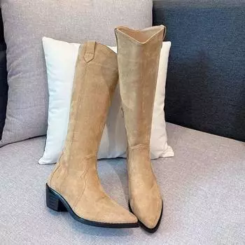 Обувь для женщин ковбойские женские сапоги с острым носком зимняя обувь до колена панк длинный средний каблук гяру pu готика распродажа 35