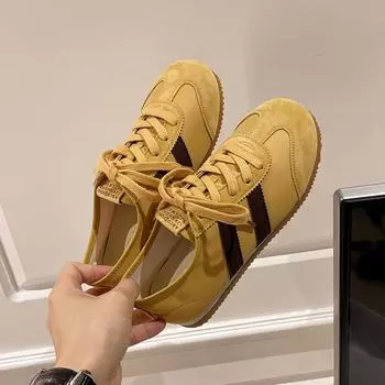 Обувь для женщин Кроссовки с круглым носком 2024 Четырехсезонный дизайн Полоски Универсальная повседневная обувь Брендовая женская вулканизированная обувь Обувь 35 жёлтый