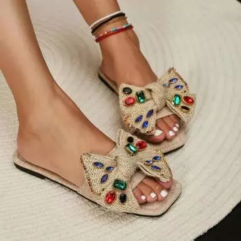 Обувь для женщин, летние новые роскошные женские тапочки со стразами, квадратный носок, модные женские шлепанцы, повседневные женские тапочки на плоской подошве 36 бежевый