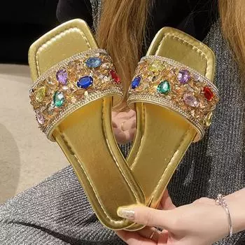 Обувь для женщин, летние новые роскошные женские тапочки со стразами, квадратный носок, модные женские шлепанцы, повседневные женские тапочки на плоской подошве 35 золотой