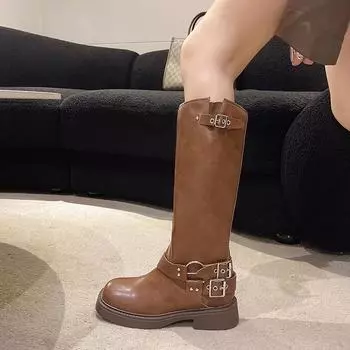 Обувь для женщин, лидер продаж, осенние женские сапоги до колена, однотонные, с круглым носком, на платформе, водонепроницаемые, в стиле вестерн 35