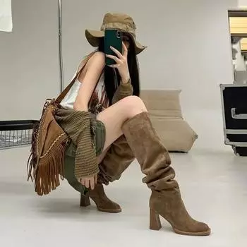 Обувь для женщин, лидер продаж, женские сапоги без застежек, осенние сапоги в стиле ретро до колена, современные сапоги, женские, однотонные, замшевые, плиссированные, женские 35