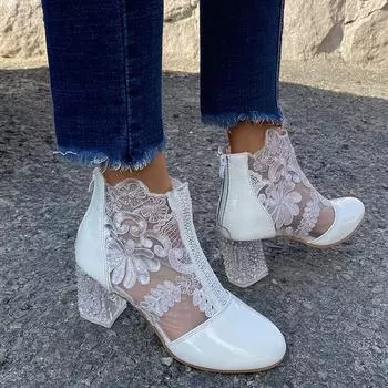 Обувь для женщин, модные летние женские ботинки до середины икры, 2024, дышащая однотонная обувь из сетчатой ткани на молнии с цветами, женская обувь на высоком каблуке 41 розовый