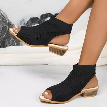 Обувь для женщин, модные летние женские сандалии без застежек, сетчатая ткань, однотонные, с открытым носком, на толстом каблуке, римские повседневные сандалии для женщин 36 чёрный