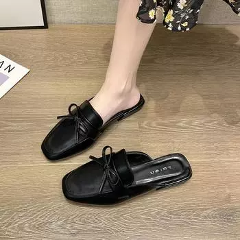 Обувь для женщин Мюли Женские тапочки Черные шлепанцы Внешние с бантом Сандалии Низкий каблук Натуральная кожа по акции 2024 Тренд Распродажа 39 35