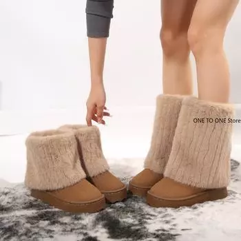 Обувь для женщин. Новинка 2024 года. Женские ботинки без шнуровки. Зимние однотонные плюшевые однотонные флоковые ботинки с круглым носком на среднем каблуке. Водонепроницаемые повседневные зимние ботинки. 36 серый