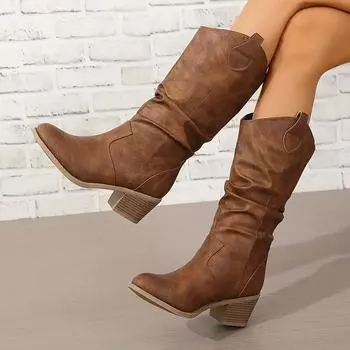 Обувь для женщин Новые модные женские сапоги без застежек, пошив на каждый день, с круглым носком, квадратным каблуком, средние сапоги, женские удобные плиссированные сапоги 36 коричневый