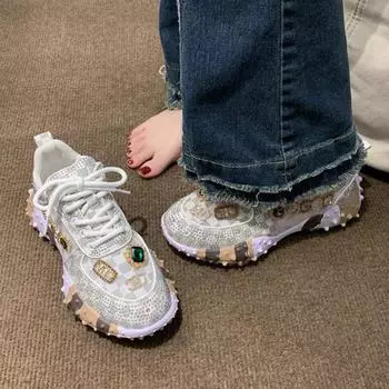 Обувь для женщин Новые женские кроссовки со стразами Diamond Breathable Luxury Casual Thick Bottoms Dad Sports Shoes Zapatos Mujer 36