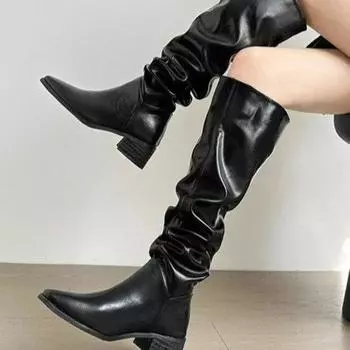 Обувь для женщин Осень-Весна Сапоги до колена Красные Черные Белые Высокие Сапоги Женские Плиссированные Низкие Каблуки Повседневные Кожаные Женские Длинные Туфли 35 чёрный