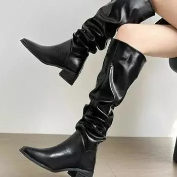 Обувь для женщин Осень-Весна Сапоги до колена Красные Черные Белые Высокие Сапоги Женские Плиссированные Низкие Каблуки Повседневные Кожаные Женские Длинные Туфли 35 чёрный
