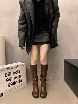 Обувь для женщин Осенняя мода пряжка сапоги до колена высокие сапоги ретро высокие сапоги женские плиссированные низкие каблуки повседневные кожаные женские длинные сапоги 35