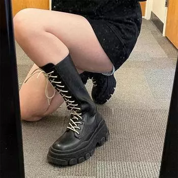 Обувь для женщин, полувысокая, новая, рок, обувь на шнуровке, женские ботинки на платформе, до середины голени, черные, со шнурками, удобные и низкие цены 35