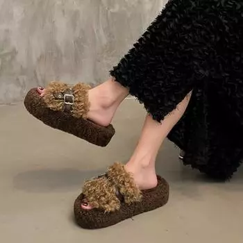 Обувь для женщин Тапочки повседневные женские на платформе из флока Med Slides Plush 2024 Flat Rome Basic Fabric Rubber Flock Femal Shoes 35 чёрный