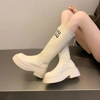 Обувь для женщин, толстая подошва, высокие эластичные сапоги до колена, женские, осень-зима, новые, увеличивающие рост, мотоциклетные женские сапоги 35 чёрный