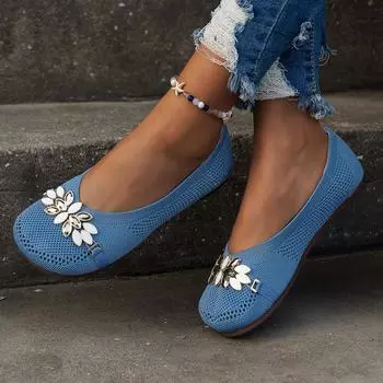 Обувь для женщин Высококачественная женская обувь на плоской подошве на весну и осень из сетчатой ткани с ажурными металлическими украшениями и неглубоким носком. Женская обувь 36 светло-синий