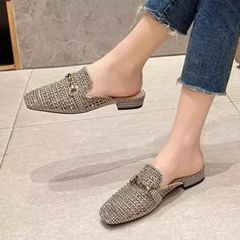 Обувь для женщин Высококачественные летние женские тапочки в клетку с металлическим украшением и квадратным носком Zapatillas De Mujer 35 чёрный