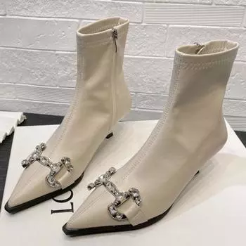 Обувь для женщин Высококачественные зимние женские сапоги Однотонные остроносые блестки стразы молния модные сапоги на среднем каблуке 35