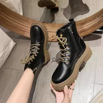 Обувь для женщин, женские ботинки на шнуровке, с молнией, осенние, с круглым носком, однотонные, короткие, на платформе-бочке, водонепроницаемые, модные ботинки 40 чёрный