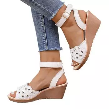 Обувь для женщин, женские сандалии с обхватом щиколотки, повседневные сандалии больших размеров, женские сандалии на танкетке с пряжкой и ремешком, открытые полые носки, женские 36
