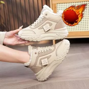 Обувь для женщин. Зимние плюшевые кроссовки на массивном каблуке. Повседневная теплая обувь на толстой подошве со шнуровкой. 35 чёрный