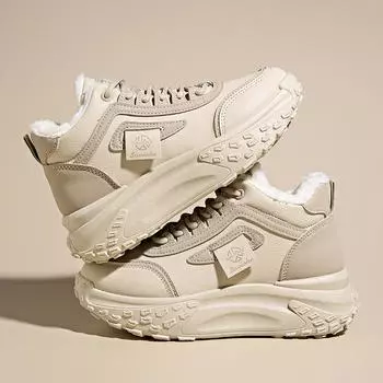 Обувь для женщин. Зимние плюшевые кроссовки на массивном каблуке. Повседневная теплая обувь на толстой подошве со шнуровкой. 35 бежевый