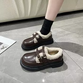 Обувь Doudou, зимняя, бархатная, утолщенная, теплая, хлопковая, женская, новая, пушистая, женская, носит высококачественную, маленькую, кожаную обувь 35 чёрный