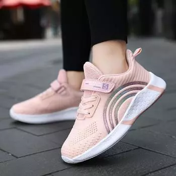 Обувь Four Seasons для девочек. Детские легкие кроссовки Flyknit для учащихся начальной школы. Повседневная обувь для бега с мягкой подошвой на липучке. 26 красный