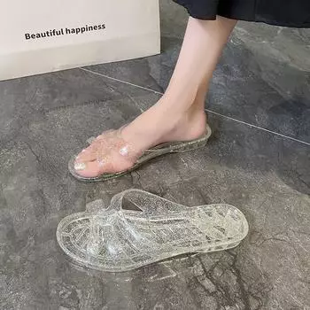 Обувь Главная Лето 2024 Домашние тапочки Драгоценности Танкетка Женские тапочки и босоножки Женские сандалии Кристаллы Rhenstone Jelly Pink ПВХ IY 36