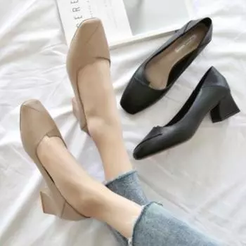 Обувь грубого заказа Женская обувь Телесного цвета Универсальные туфли с квадратным носком 35 чёрный