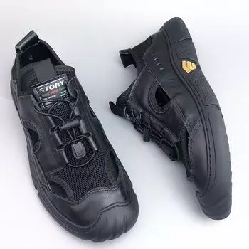 Обувь Hole Shoes Мужская верхняя одежда Bag Head Beach Shoes Мужские нескользящие повседневные дышащие кожаные сандалии Мужская кожа 38 чёрный