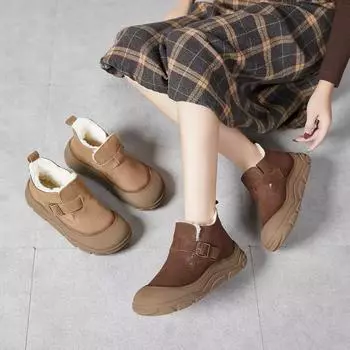 Обувь из чистой шерсти и хлопка, толстая подошва, утолщенная кожа, зимние ботинки ручной работы 35 хаки