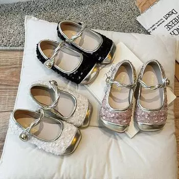 Обувь из кожи для девочек на вечеринку, свадьбу, детские туфли принцессы Мэри Джейн с блестками, модная детская обувь для выступлений, балетки, новинка 2024 года 23 чёрный