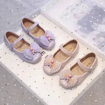 Обувь из кожи для девочек на вечеринку, свадьбу, модные детские туфли со стразами и бантом, детские туфли принцессы из мультфильмов 26 фиолетовый