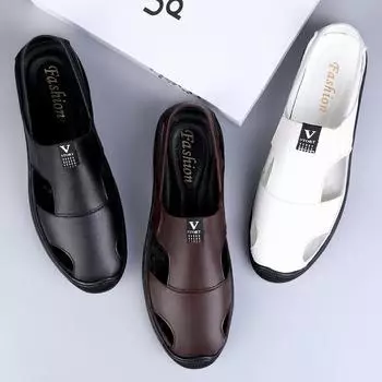 Обувь из натуральной кожи Hole Shoes Men Casual Sandals Men Loafers Airproof Slip on Driving Shoes White Man Travel Outdoor Shoes 37 чёрный