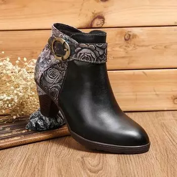 Обувь из натуральной кожи Johnature, винтажные женские ботинки с ручной росписью, универсальные короткие ботильоны на среднем каблуке с круглым носком 36 чёрный